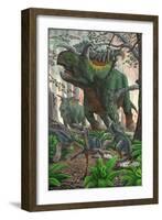 Kosmoceratops Tramples over Nesting Talos Dinosaurs While Fleeing from a Forest Fire-null-Framed Art Print