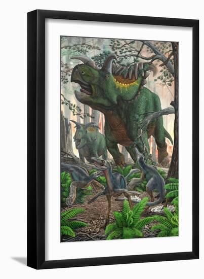 Kosmoceratops Tramples over Nesting Talos Dinosaurs While Fleeing from a Forest Fire-null-Framed Art Print