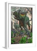 Kosmoceratops Tramples over Nesting Talos Dinosaurs While Fleeing from a Forest Fire-null-Framed Art Print