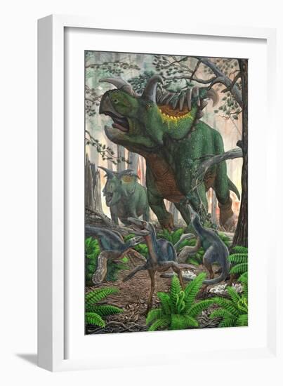 Kosmoceratops Tramples over Nesting Talos Dinosaurs While Fleeing from a Forest Fire-null-Framed Art Print