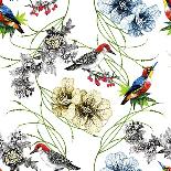 Watercolor Hand Drawn Seamless Pattern with Tropical Summer Flowers and Exotic Birds on White Backg-KostanPROFF-Art Print