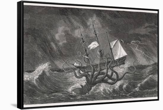 Kraken Attacking a Sailing Vessel During a Storm-E. Etherington-Framed Stretched Canvas
