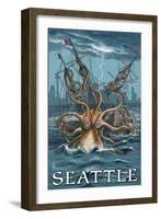 Kraken Attacking Ship - Seattle-Lantern Press-Framed Art Print