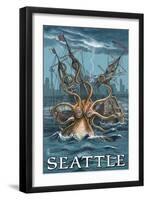 Kraken Attacking Ship - Seattle-Lantern Press-Framed Art Print