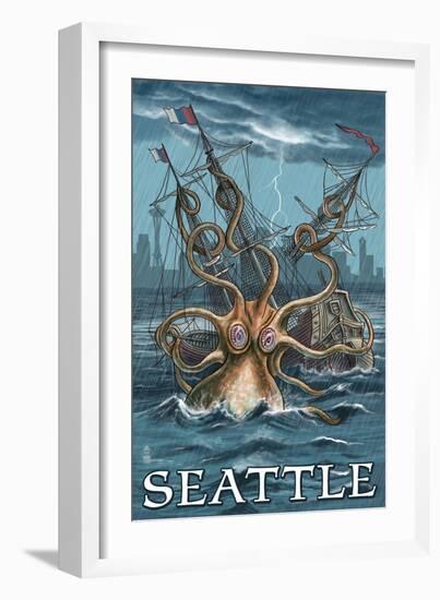 Kraken Attacking Ship - Seattle-Lantern Press-Framed Art Print