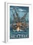 Kraken Attacking Ship - Seattle-Lantern Press-Framed Art Print