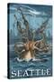 Kraken Attacking Ship - Seattle-Lantern Press-Stretched Canvas