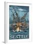 Kraken Attacking Ship - Seattle-Lantern Press-Framed Art Print