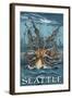 Kraken Attacking Ship - Seattle-Lantern Press-Framed Art Print