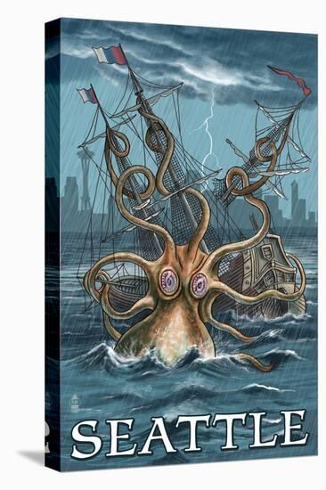 Kraken Attacking Ship - Seattle-Lantern Press-Stretched Canvas