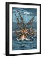 Kraken Attacking Ship-Lantern Press-Framed Art Print