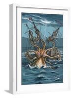 Kraken Attacking Ship-Lantern Press-Framed Art Print