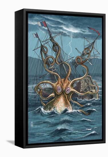 Kraken Attacking Ship-Lantern Press-Framed Stretched Canvas