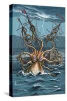 Kraken Attacking Ship-Lantern Press-Stretched Canvas