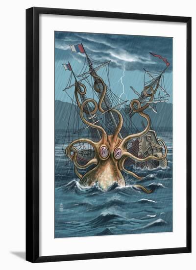 Kraken Attacking Ship-Lantern Press-Framed Art Print