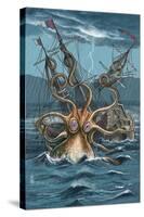 Kraken Attacking Ship-Lantern Press-Stretched Canvas