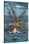 Kraken Attacking Ship-Lantern Press-Stretched Canvas