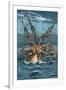 Kraken Attacking Ship-Lantern Press-Framed Art Print