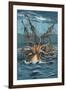 Kraken Attacking Ship-Lantern Press-Framed Art Print