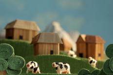 Countryside with Farms, Meadows, Cows and Mountains - Stylized Nature Background Made of Wool-KREUS-Photographic Print