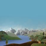 Countryside with Farms, Meadows, Cows and Mountains - Stylized Nature Background Made of Wool-KREUS-Photographic Print