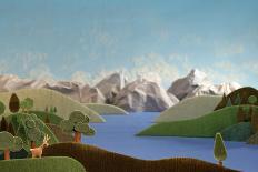 Countryside with Farms, Meadows, Cows and Mountains - Stylized Nature Background Made of Wool-KREUS-Photographic Print