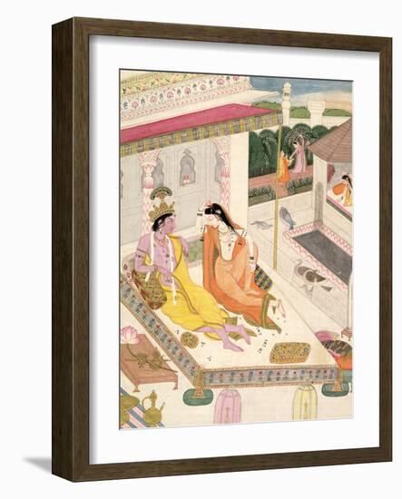 Krishna and Radha on a Bed in a Mogul Palace, Punjab, c.1860-null-Framed Premium Giclee Print