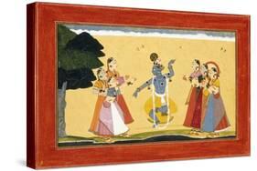 Krishna Dancing before the Cowgirls as They Clap their Hands, C.1730-1735 (W/C on Red Paper)-Manaku-Stretched Canvas