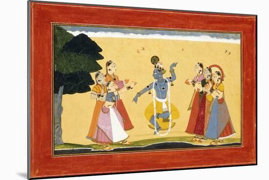 Krishna Dancing before the Cowgirls as They Clap their Hands, C.1730-1735 (W/C on Red Paper)-Manaku-Mounted Giclee Print