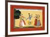 Krishna Dancing before the Cowgirls as They Clap their Hands, C.1730-1735 (W/C on Red Paper)-Manaku-Framed Giclee Print