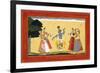 Krishna Dancing before the Cowgirls as They Clap their Hands, C.1730-1735 (W/C on Red Paper)-Manaku-Framed Giclee Print