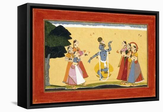 Krishna Dancing before the Cowgirls as They Clap their Hands, C.1730-1735 (W/C on Red Paper)-Manaku-Framed Stretched Canvas