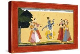 Krishna Dancing before the Cowgirls as They Clap their Hands, C.1730-1735 (W/C on Red Paper)-Manaku-Stretched Canvas