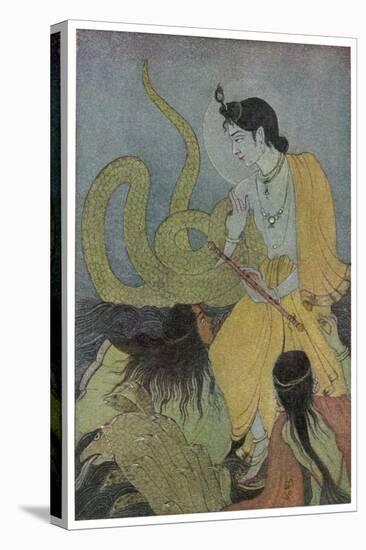 Krishna Defeats the 5 Headed Serpent Kaliya-Khitindra Nath Mazumdar-Stretched Canvas