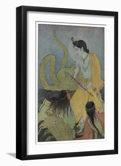 Krishna Defeats the 5 Headed Serpent Kaliya-Khitindra Nath Mazumdar-Framed Art Print