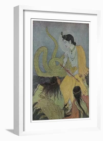 Krishna Defeats the 5 Headed Serpent Kaliya-Khitindra Nath Mazumdar-Framed Art Print