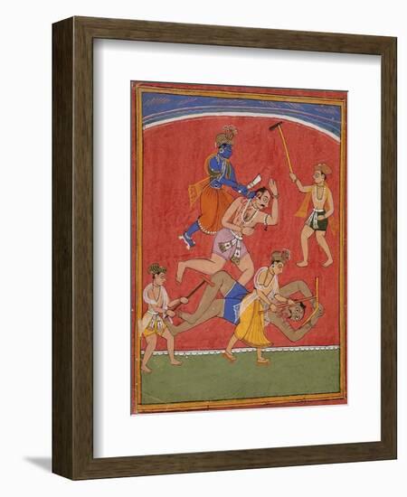 Krishna Killing King Kamsa and Balarama Slaying a Wrestler-null-Framed Art Print