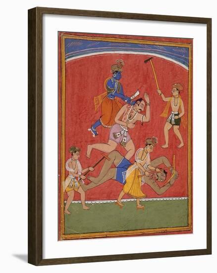 Krishna Killing King Kamsa and Balarama Slaying a Wrestler-null-Framed Art Print
