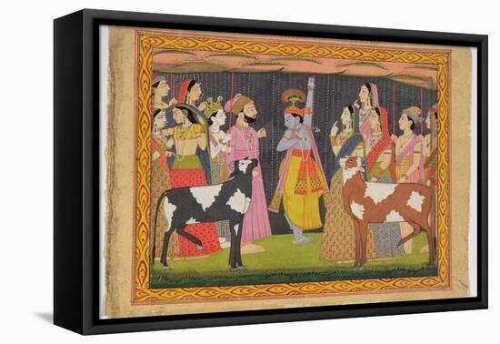 Krishna Lifting Mount Govardhana, from the Bhagavata Purana, Kulu, Himachal Pradesh, 1749-null-Framed Stretched Canvas