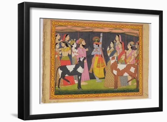 Krishna Lifting Mount Govardhana, from the Bhagavata Purana, Kulu, Himachal Pradesh, 1749-null-Framed Giclee Print