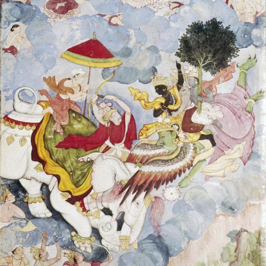 'Krishna, (on Bird-God, Garuda) fights Indra (on elephant), Harivamsa ...