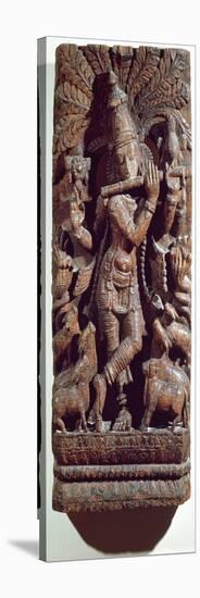 Krishna Playing a Flute (Wood)-Indian-Stretched Canvas