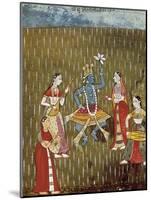 Krishna with a Lotus Flower and His Wife Radha Dancing in the Rain-null-Mounted Art Print