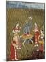 Krishna with a Lotus Flower and His Wife Radha Dancing in the Rain-null-Mounted Art Print