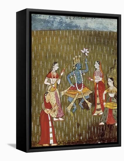 Krishna with a Lotus Flower and His Wife Radha Dancing in the Rain-null-Framed Stretched Canvas