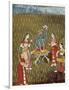 Krishna with a Lotus Flower and His Wife Radha Dancing in the Rain-null-Framed Art Print