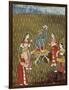 Krishna with a Lotus Flower and His Wife Radha Dancing in the Rain-null-Framed Art Print