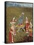 Krishna with a Lotus Flower and His Wife Radha Dancing in the Rain-null-Framed Stretched Canvas