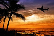 Sunset with Palm Tree and Airplane Silhouettes-krisrobin-Framed Photographic Print