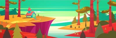 Forest Landscape with Mountains and House. Sunny Day in the Forest. Vector Design Illustration for-Krol-Framed Stretched Canvas